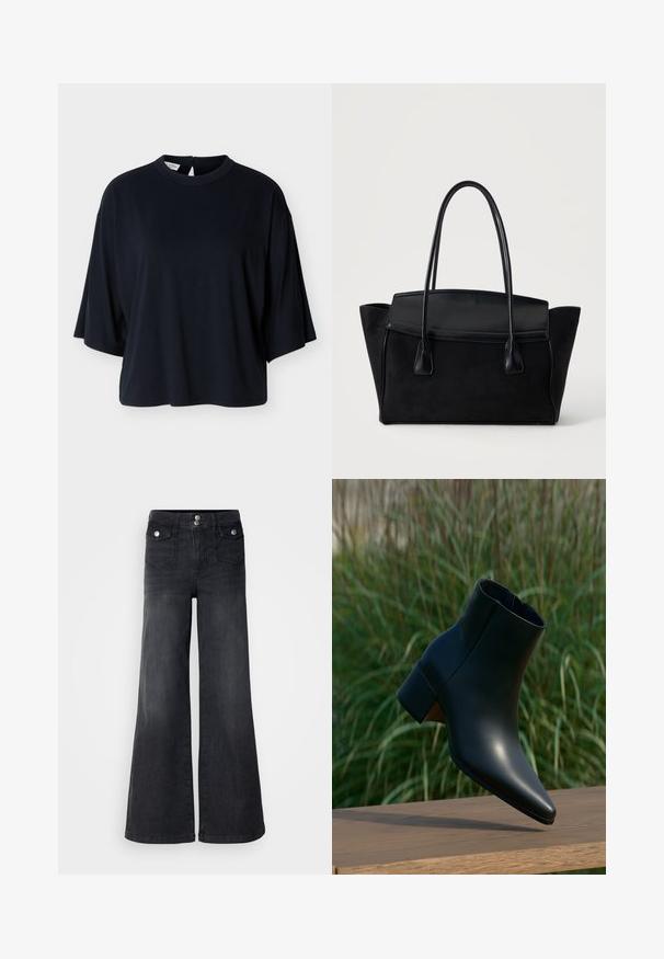 Schwarzes oversized Kurzarmhemd mit rundem Halsausschnitt und Knopfverschluss auf der Rückseite, dargestellt vor weißem Hintergrund.; Schwarze Denim-Jeans mit weitem Bein und hoher Taille, mit vorderen Knöpfen und zwei Vordertaschen; glatte Textur mit leichtem Verwaschungsfinish.; Schwarzer Leder-Knöchelboot mit Blockabsatz, spitze Spitze, dargestellt über einer Holzoberfläche mit grünem, verschwommenem Gras-Hintergrund.; Schwarze Leder-Tote-Handtasche mit langen Griffen und einem strukturierten, breiten Boden auf schlichtem hellem Hintergrund.