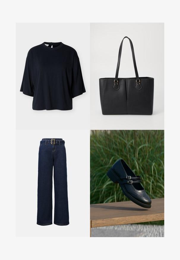 Zwarte oversized kortärmelige blouse met ronde halslijn en knoopsluiting aan de achterkant, afgebeeld op een witte achtergrond.; Donkerblauwe wijde denim broek met gestikte zakken en een bijpassende riem met een grote rechthoekige gouden gesp.; Zwarte leren Mary Jane-schoen met dubbele gespsluitingen en brogue-details, zwevend boven een houten bankje met groene grasachtergrond.; Zwarte neplederen tote bag met een gestructureerde afwerking, twee lange handvatten en goudkleurige hardware-accenten aan de zijkant. Rechthoekige vorm.