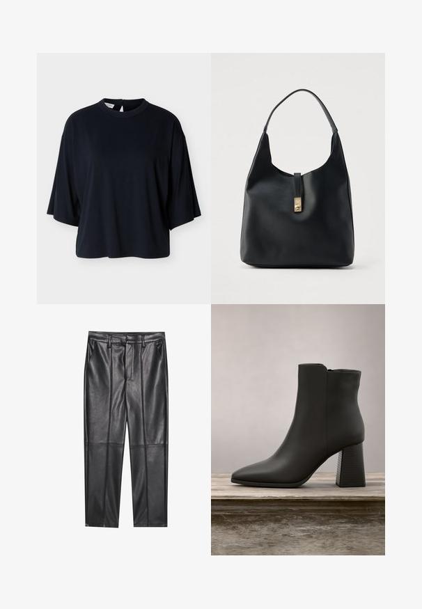 Schwarzes oversized Kurzarmhemd mit rundem Halsausschnitt und Knopfverschluss auf der Rückseite, dargestellt vor weißem Hintergrund.; Schwarze Lederhosen mit glatter Textur, gerader Passform, zwei Fronttaschen und sichtbaren Nahtdetails.; Schwarze Leder-Ankle Boots mit spitzer Zehenpartie und Blockabsatz, ausgestattet mit einer strukturierten schwarzen Partie und einer glatten Oberfläche.; Schwarze Leder-Hobo-Tasche mit strukturierter Oberfläche, ausgestattet mit einem goldfarbenen Verschluss und einem einzelnen, gebogenen Griff zum Tragen über der Schulter.