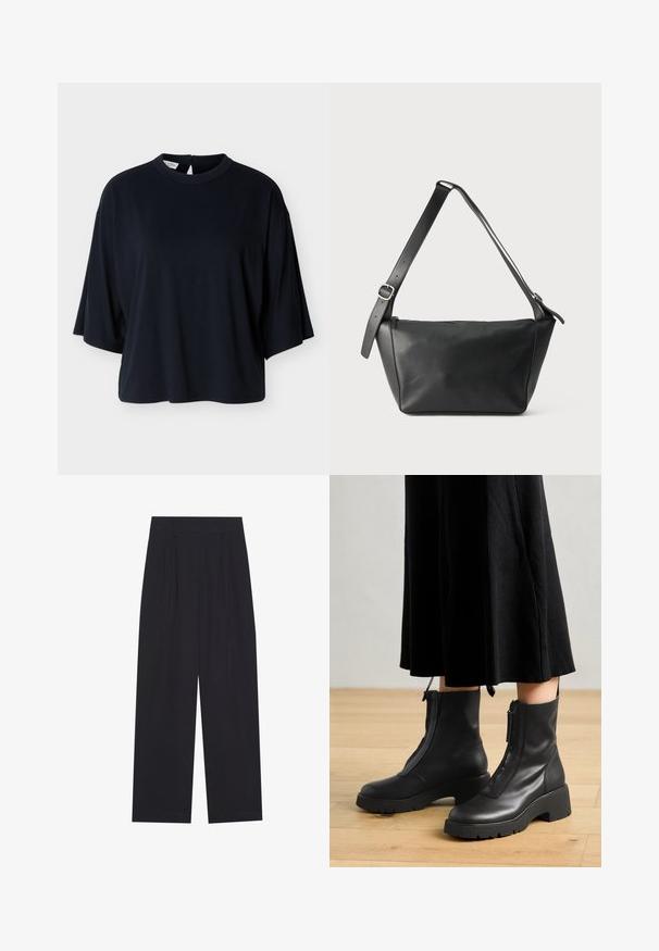 Camisa negra de manga corta oversize con cuello redondo y cierre de botones en la espalda, presentada sobre un fondo blanco.; Pantalones anchos negros de tela suave, con pliegues, cinturilla plana y sin bolsillos ni adornos visibles.; Botas de tobillo de cuero negro con suela de plataforma gruesa y cremallera delantera. Textura suave con un diseño minimalista.; Bolso de cuero negro para hombro con una correa ancha ajustable y hebilla plateada, exhibido sobre un fondo claro y liso.