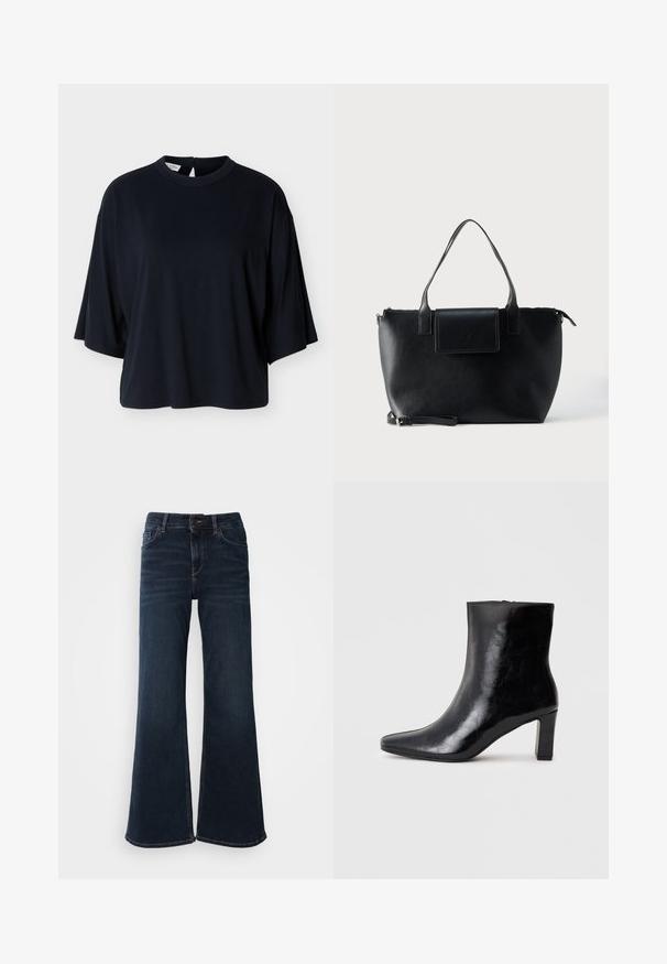 Schwarzes oversized Kurzarmhemd mit rundem Halsausschnitt und Knopfverschluss auf der Rückseite, dargestellt vor weißem Hintergrund.; Mos Mosh HERA - Flared Jeans - dark blue; Schwarze Knöchelstiefel aus glänzendem Leder mit spitzem Zustand und mittelhohem Blockabsatz, mit glatter Textur und einfachem Design.; Schwarze Ledertasche mit zwei Griffen, abnehmbarem Riemen, magnetischer Klappe und glatter Textur. Reißverschluss oben und dekorative Naht.
