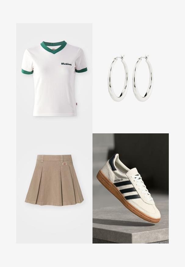 Witte T-shirt met korte mouwen en groene V-hals en mouwafwerking; voorzien van het "Dickies" logo in donkergroen op de linkerkant van de borst. Gladde katoenen textuur.; Beige geplooide rok gemaakt van een gestructureerde stof. Voorzien van een tailleband met riemlussen en een logopatch aan de linkerzijde.; Witte suède sneakers met marineblauwe strepen, rubberen gumzool, gestructureerde bovenkant, ronde neus en veters; heeft branding aan de zijkant en op de tong.; Zilveren oorbellen in de vorm van een gladde, glanzende ring. Circulaire vorm, voorzien van een veilige sluiting. Eenvoudig en elegant ontwerp.