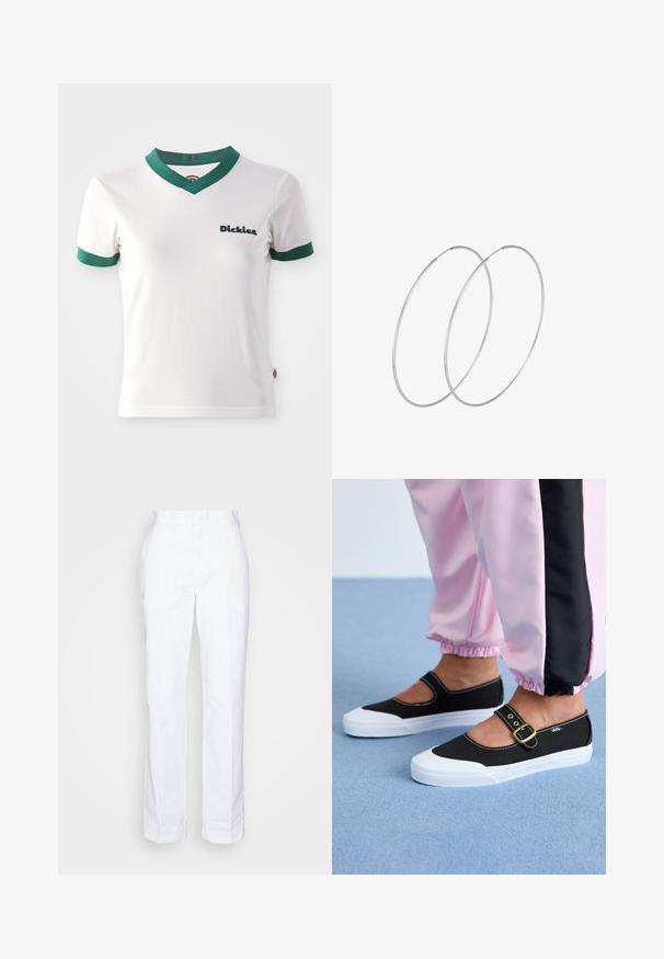 Hvid kortærmet t-shirt med grøn V-hals og ærmekanter; har "Dickies" logo i mørkegrøn på venstre bryst. Glat bomuldsstruktur.; Hvide, lige ben bukser lavet af bomuld. Har flad front, bæltesløjfer og ingen synlige lommer. Glat tekstur og minimalistisk design.; Sorte lærredssko med en hvid sål, der har et udskæringsdesign og et guldspænde. Bæret med lyserøde træningsbukser.; Sølvøreringe med et minimalistisk design. Cirkulær form, glat tekstur og tynd profil. Letvægtige med en poleret overflade.