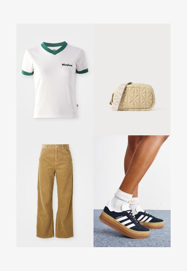 Biela tričko s krátkym rukávom, s zeleným výstrihom do V a zelenými pruhmi na rukávoch; na ľavej hrudi sa nachádza logo "Dickies" v tmavozelenej farbe. Hladká bavlnená textúra.; Biely široké nohavice z kordu v svetlohnedej farbe, s textúrovaným ribovaným vzorom, piatimi vreckami a gombíkovým zapínaním v páse.; Nohy v bielych ponožkách a čiernych teniskách Adidas Gazelle s bielymi pruhmi a hrubými hnedými podrážkami na sivom koberci.; Prešívaná béžová taška s obdĺžnikovým tvarom, s vzorovaným svetlým popruhom. Vyrobená z mäkkého materiálu s diamantovými akcentmi.