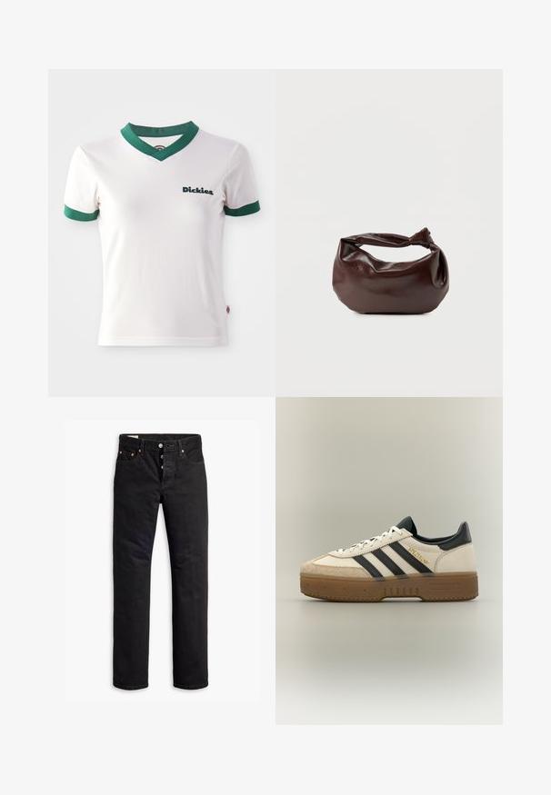 Hvid kortærmet t-shirt med grøn V-hals og ærmekanter; har "Dickies" logo i mørkegrøn på venstre bryst. Glat bomuldsstruktur.; Sorte denimjeans med lige pasform, fem lomme-design og knaplukning. Har kobbernitter og syningsdetaljer.; Hvid Adidas sneaker med sorte striber, beige ruskindstå, brun sål og "SPEZIAL" i guldskrift på siden.; Mørkebrun læder skuldertaske med en blød, afslappet form og et snoet knudehåndtag på en ensartet hvid baggrund.