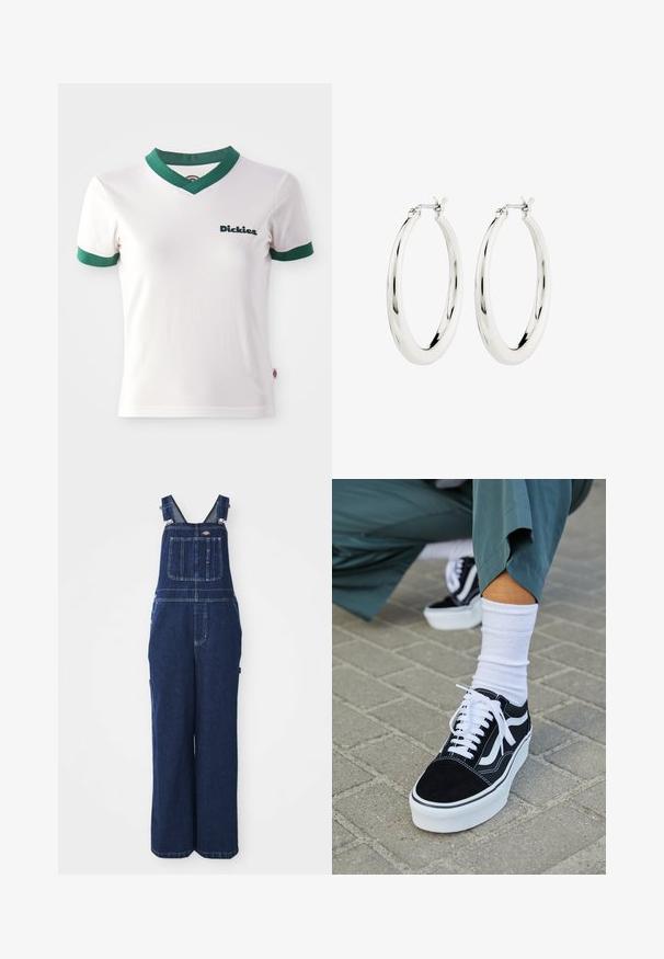 Witte T-shirt met korte mouwen en groene V-hals en mouwafwerking; voorzien van het "Dickies" logo in donkergroen op de linkerkant van de borst. Gladde katoenen textuur.; Denim tuinbroek in donkerblauw, voorzien van verstelbare banden, een borstzak, zijzakken en een losse, wijde pasvorm. Klassieke stikdetails.; Zwarte suède sneaker met witte accenten en veters, uitgerust met een dikke witte zool en contrasterende stiksels, gecombineerd met een witte sok.; Zilveren oorbellen in de vorm van een gladde, glanzende ring. Circulaire vorm, voorzien van een veilige sluiting. Eenvoudig en elegant ontwerp.