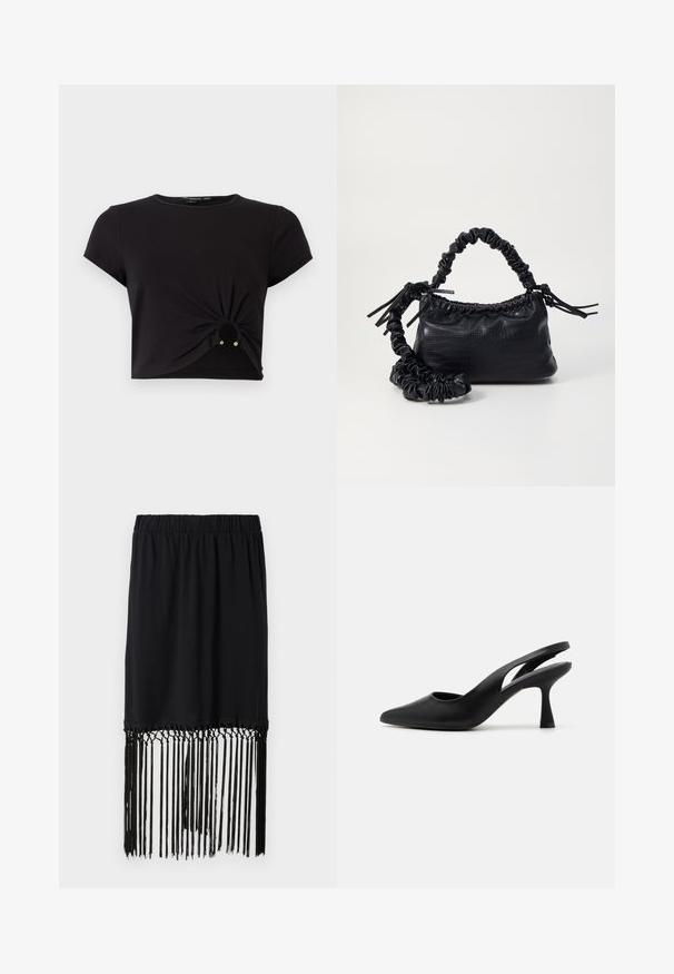 Sort kortærmet cropped top med rund hals og en twistdetalje foran på kanten med to små gyldne accenter.; Sort nederdel med elastisk talje og frynset kant. Frynserne er lavet af tynde snore, hvilket tilføjer tekstur og detaljer til designet.; Sorte slingback hæle med spids tå, lavet af glat læder. Har et udskåret design og en robust, aftrappet hæl.; Sort kunstlæder håndtaske med krokodilteksur, indsnøret top og en sammenkrøben rem. Ser blød og kompakt ud i designet.