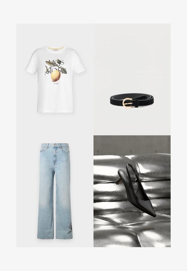 Weißes T-Shirt mit kurzen Ärmeln mit einem aufgedruckten gelben Zitrone und grünen Blättern, überlagert von schwarzem Text mit der Aufschrift "MOS MOSH" und "EST. 2010."; Helle blaue weit geschnittene Jeans aus Denim, mit einer verblassten Textur und floralem Stickdetail am linken unteren Bein.; Schwarzer Slingback-Schuh mit spitzer Kappe und glänzendem Lederfinish, ausgestattet mit niedrigem Blockabsatz und dünnem Knöchelriemen, schwebt über einer metallischen Oberfläche.; Schwarzer Wildledergürtel mit schlankem Profil und einer goldfarbenen Metallschnalle. Glatte Textur mit minimalen Steppnähten.