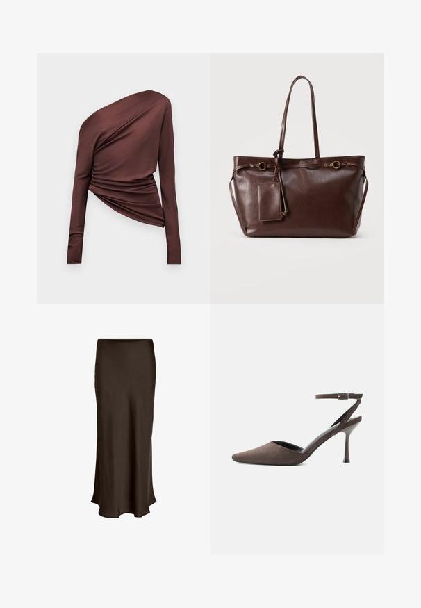 Asymmetrisk mørkebrun langærmet top med et-skulder-design og rynket stofdetalje på ensfarvet baggrund.; VILA VIELLETTE HW MIDI SKIRT - NOOS - Maxinederdele - coffee bean; Brun ruskindspointetrukket højhælet sko med tynd ankelrem og sølvspænde på hvid baggrund.; Mørkebrun lædertaske med to lange håndtag, dekorative guldringe og fastgjort rektangulær pung med lynlås.