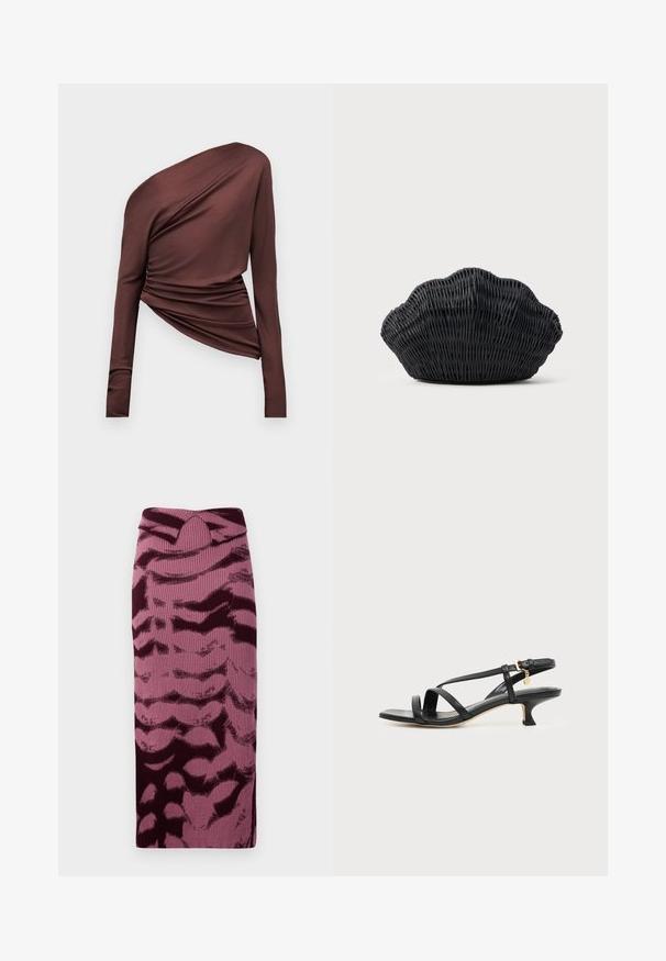 Asymmetrische donkerbruine top met lange mouwen, één-schouder ontwerp en geplooide stofdetails op een effen achtergrond.; Brede gebreide kokerrok in roze en bordeaux tinten, met een geribbelde textuur en abstract patroon. Hoge taille met een subtiele knoopdetail.; Zwarte leren sandaal met smalle bandjes, lage kittenhak, enkelriempje en een klein gouden hangertje tegen een effen lichte achtergrond.; Zwarte gevlochten handtas in de vorm van een sint-jakobsschelp met een gebogen bovenkant en een geweven textuur op een effen achtergrond.