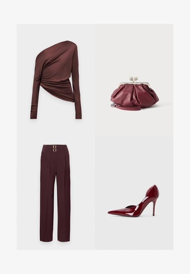 Asymmetrische donkerbruine top met lange mouwen, één-schouder ontwerp en geplooide stofdetails op een effen achtergrond.; Donkere bordeauxrode broek met hoge taille, twee gouden gespsluitingen aan de bovenkant en een rechte pijp.; Rode gepatenteerde leren hoge hakpumps met een puntige neus en uitsnijdingen aan de zijkanten, met een elegante stilettohak. Gladde, glanzende afwerking.; Kleine bordeauxrode leren clutch met zilveren metalen gesp en polsriem op een witte achtergrond.