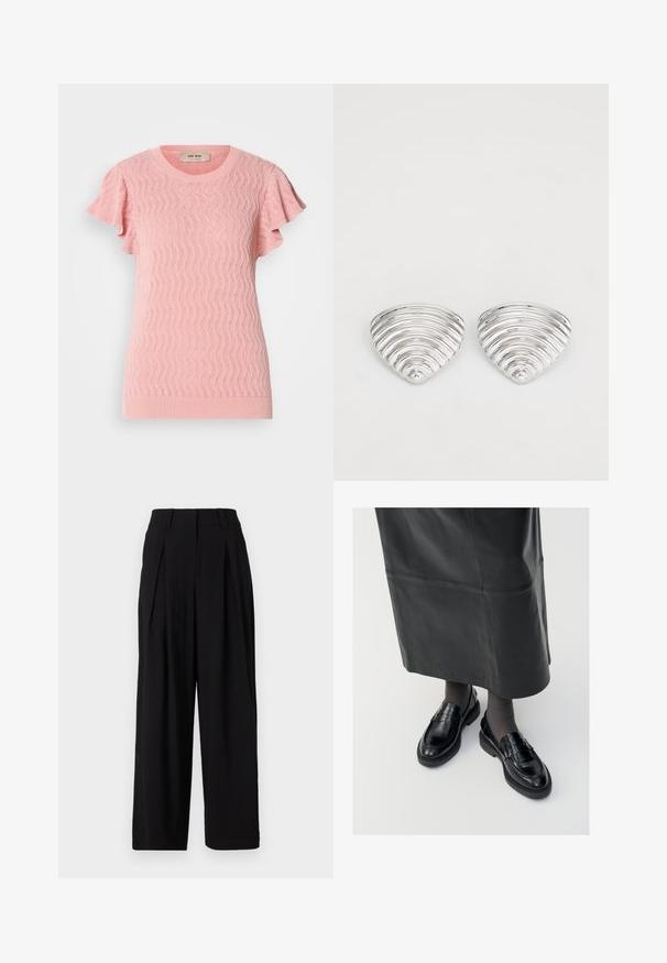 Suéter corto de manga corta, tejido en color rosa, con un patrón de ondas texturizado, cuello redondo acanalado y acentos de mangas con volantes. Ligero y ajustado.; Pantalones de pierna ancha negros, hechos de una tela suave, con una cinturilla alta, pliegues en la parte delantera y una silueta fluida.; Mocasines de cuero negro con un acabado suave, que presentan una tira decorativa, puntera redonda y suela texturizada. Llevados con una falda larga de cuero negro.; Pendientes en tono plateado con un diseño ondulado y texturizado, con forma de media lunas superpuestas; el acabado pulido realza las cualidades reflectantes.