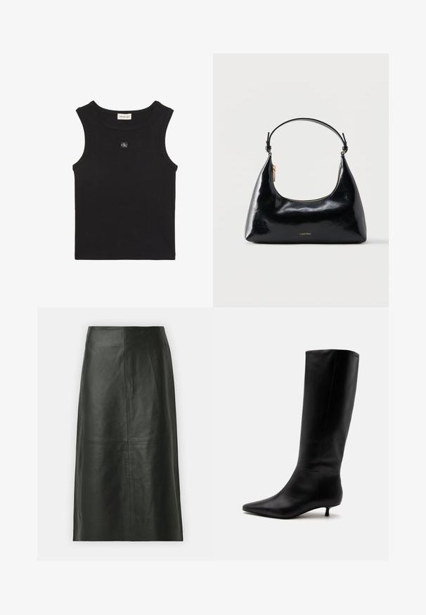Débardeur noir côtelé sans manches avec encolure ronde et petit patch logo Calvin Klein centré sur la poitrine.; Jupe midi en cuir noir avec une coupe droite. Texture lisse, coutures minimales et taille ajustée. Pas de poches visibles ni de détails supplémentaires.; Botte noire en cuir jusqu'au genou avec bout pointu et petit talon kitten sur un fond clair uni.; Sac à main Calvin Klein noir brillant avec fermeture éclair dorée et anse courte sur fond blanc uni.