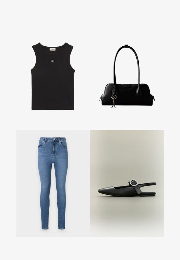 Čierny rebrovaný tielko bez rukávov s okrúhlym výstrihom a malou nášivkou s logom Calvin Klein uprostred na hrudi.; Úzke džínsy v stredne modrej denimovej farbe, s vysokým pásom, dizajnom piatich vreciek a jemným prešívaním na vreckách a švoch.; Čierna plochá obuv so špicatou špičkou a striebornou prackou na neutrálom pozadí.; Čierna kožená kabelka Calvin Klein s dlhými rúčkami, prednou značkou s logom a strieborným geometrickým príveskom visiaci na jednej rúčke.