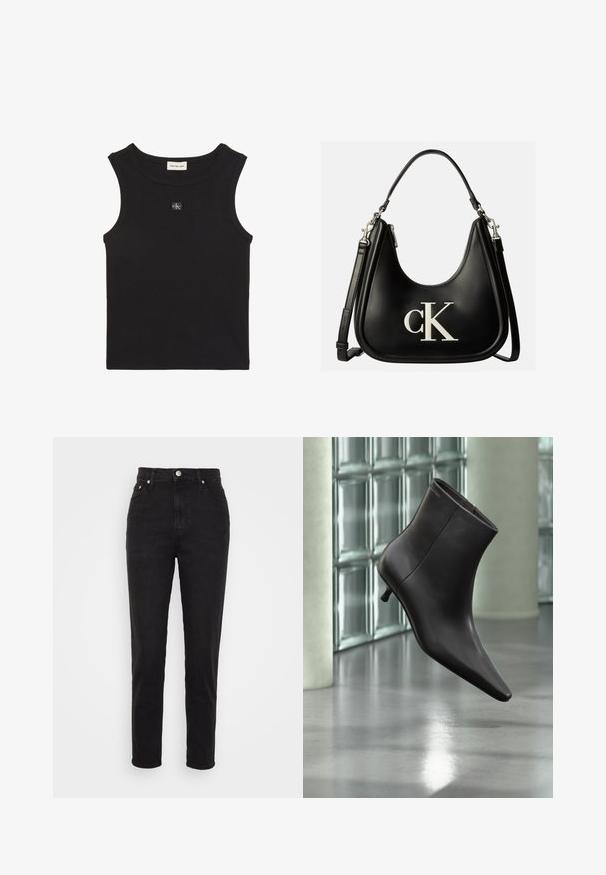 Čierny rebrovaný tielko bez rukávov s okrúhlym výstrihom a malou nášivkou s logom Calvin Klein uprostred na hrudi.; Čierne vysoké slim-fit džínsy so zapínaním na gombík vpredu, pútkami na opasok a dizajnom s piatimi vreckami na bielom pozadí.; Čierna kožená členková obuv s ostrou špičkou a nízkym podpätkom, zobrazená na pozadí steny zo sklenených blokov a leštenej podlahy.; Čierna kožená kabelka so strieborným logom "cK" na prednej strane, s krátkym uchom a dlhším nastaviteľným ramenným popruhom.