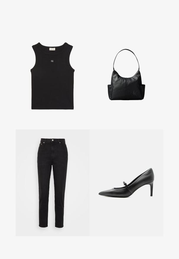 Sort ærmeløs ribstrikket tanktop med rund halsudskæring og lille Calvin Klein-logo patch centreret på brystet.; Sorte højtaljede slim-fit jeans med frontknap, bæltesløjfer og fem-lomme design på hvid baggrund.; Sort læderspids højhælede sko med tynd rem og spænde over vristen, stående på en neutral lys baggrund.; Sort læder skuldertaske med en enkelt rem, sidelommer og et diskret prægede Calvin Klein-logo på forsiden nederst til højre.