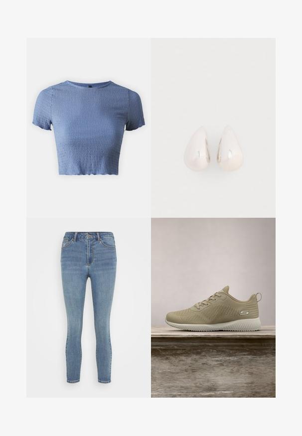 ONLY Petite ONLNADIE - Lihtne T-särk - coronet blue; Kitsad teksapüksid helesinisest denimist, mis on varustatud klassikalise viie tasku disainiga, peene õmbluseDetailiga ning nuppude sulgemisega vöökohal.; Beige sportlik jalats tekstureeritud ülemise osa, paelte ja toetava kannaelemendiga, puidust pinna kohal, rohelise lehestiku taustal.; Hõbeda metallist tilgakujulised ripatsid, millel on sile ja peegeldav pind, ning tilga kuju, millel on pidev disain ja ei ole nähtavaid kaunistusi.