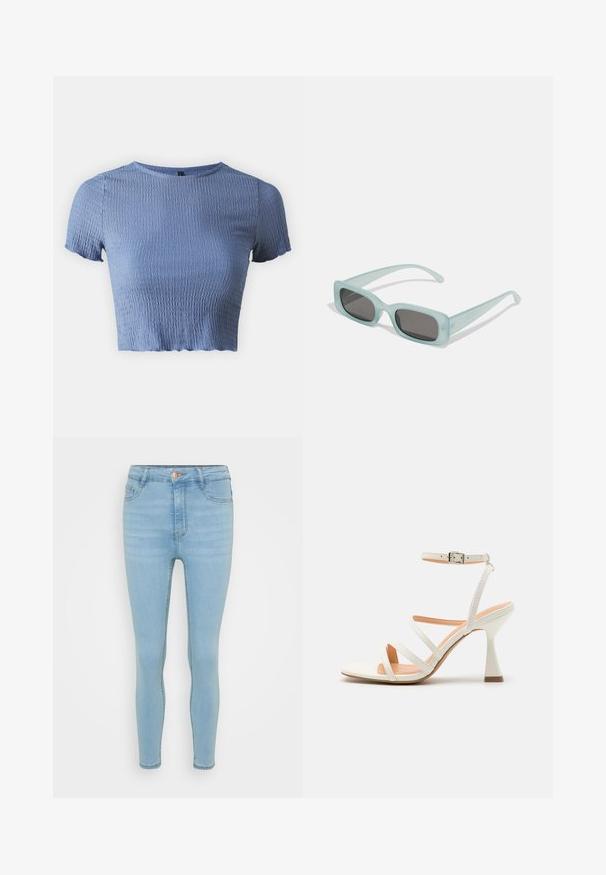 ONLY Petite ONLNADIE - Camiseta básica - coronet blue; Vaqueros skinny de denim azul claro con una cintura alta, que cuentan con un cierre frontal de botón y cremallera, cinco bolsillos y un ligero desgastado.; Sandal de tacón alto blanco con tiras y hebilla en el tobillo, textura suave, punta cuadrada y tacón esculpido. Plantilla de color beige claro.; Un par de gafas de sol rectangulares con montura translucida azul clara y lentes gris oscuro, que cuentan con patillas rectas y detalles de hardware mínimos.