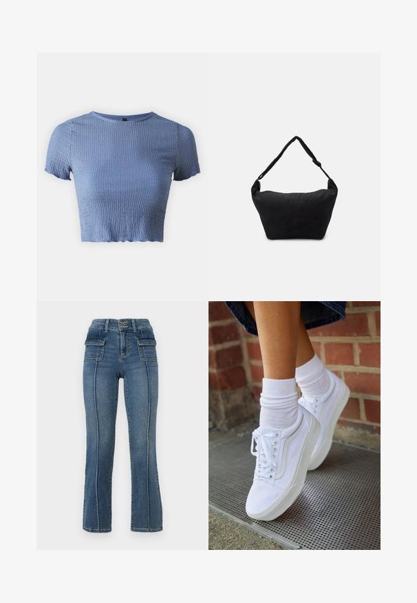 ONLY Petite ONLNADIE - T-shirts basic - coronet blue; ONLY Petite ONLWAUW MID WAIST FLARED - Flared jeans - medium blue denim; Hvide lærreds sneakers med gummisåler, der har seks snørehuller, rund tå og let sømdetaljer, krydret med hvide ankelstrømper.; Sort stof skuldertaske med en blød tekstureret overflade, rund form og en enkelt rem. Minimalistisk design uden synligt hardware eller accenter.