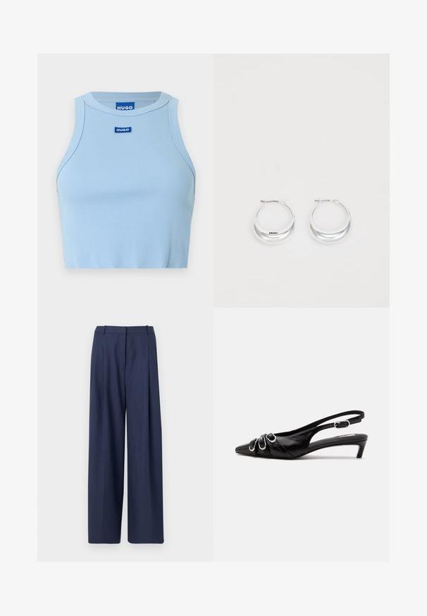 Hellblaues, geripptes Crop-Top mit figurbetontem Schnitt. Verfügt über einen Rundhalsausschnitt und ein HUGO-Logoschild in Blau auf der vorderen Mitte.; Königsblaue weite Hosen aus strukturiertem Stoff, mit einem gefältelten Vorderteil und einem stabilen Taillenteil mit Gürtelschlaufen.; Schwarzer Lederslingback mit spitzer Spitze, drei silbernen Schnallen vorne und niedrigem Kittenabsatz auf weißem Hintergrund.; Silberne Creolen mit glänzender Oberfläche und DKNY-Logo, vor einem schlichten weißen Hintergrund präsentiert.