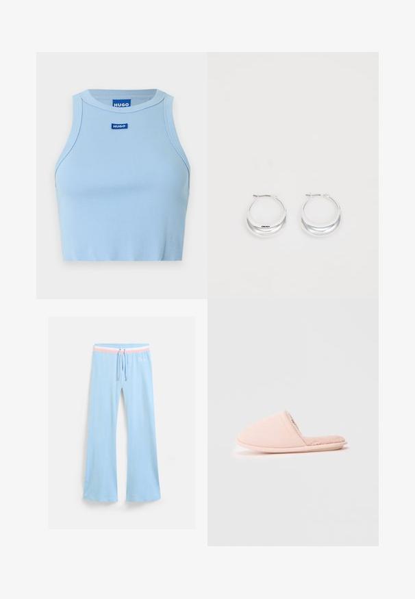 Hellblaues, geripptes Crop-Top mit figurbetontem Schnitt. Verfügt über einen Rundhalsausschnitt und ein HUGO-Logoschild in Blau auf der vorderen Mitte.; Hellblaue, ausgestellte Jogginghosen mit einem Kordelzugbund. Mit einem rosa und weißen gestreiften Akzent sowie einem gestickten Logo. Weicher Stoff.; Helle rosa Schlupfschuhe aus weichem Stoff, mit einem kuscheligen Futter und einem runden Zehenbereich. Goldene Markenakzent an der Seite.; Silberne Creolen mit glänzender Oberfläche und DKNY-Logo, vor einem schlichten weißen Hintergrund präsentiert.