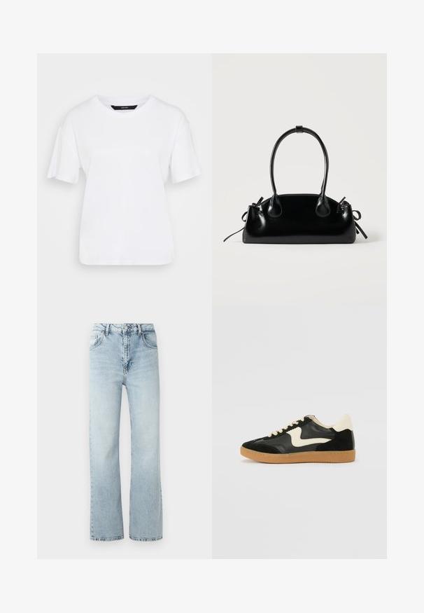 T-shirt blanc à manches courtes en coton. Présente un col rond et une coupe décontractée, avec un design simple et sans motifs ni accents visibles.; Jean en denim bleu clair avec une taille haute, coupe large et décoloration subtile. Présente un design classique à cinq poches et une fermeture à bouton en métal.; Baskets en daim et cuir noir avec un swoosh latéral crème et un talon crème clair. Dotées de lacets beige et d'une semelle en caoutchouc gomme.; Petit sac à main noir brillant avec deux longues anses et des détails à cordon sur les côtés sur un fond clair uni.