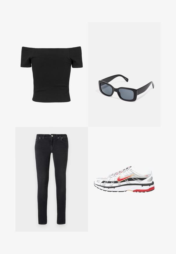 Čierny rebrovaný top bez ramienok s krátkymi rukávmi, priliehavý strih, hladká textúra a čistý, jednoduchý dizajn.; Slim-fit čierne džínsy s piatimi vreckami, zapínaním na gombík a pútkami na opasok, položené na rovnom bielom pozadí.; Biele a čierne športové topánky s červenými a zlatými akcentmi. Obsahujú sieťovinový zvršok, polstrovanú podrážku a bezpečný šnurovací dizajn.; Čierne obdlžnikové slnečné okuliare s tmavými tónovanými sklami, hrubým plastovým rámom a širokými časťami na spánkoch. Hladký povrch a ostrý dizajn.