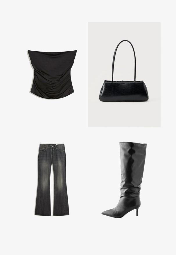 Sort stropløs rynket satin korset top med en lige udskæring og tætsiddende silhuet på hvid baggrund.; Sorte denim jeans med flared ben og en let falming, fem lommer og kontraststing, med standard knap og lynlås lukning.; Knæhøje sorte læderstøvler med et struktureret mønster, spids tå og stilettohæl. Den slouchy design fremhæver den overordnede silhuet.; Sort rektangulær skuldertaske med lange tynde stropper og en glat, blank tekstur på en ensfarvet baggrund.