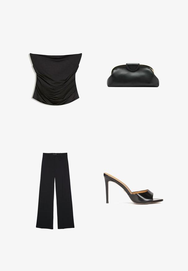 Schwarzes trägerloses, gerafftes Satin-Corsett-Top mit geradem Ausschnitt und figurbetonter Silhouette vor weißem Hintergrund.; Schwarze Hosen mit weitem Bein, Gürtelschlaufen, vorderer Knopfleiste und Reißverschluss, flach auf einem weißen Hintergrund liegend.; Schwarze offene Absatzmules mit glänzendem Lederfinish, konischem Blockabsatz und einem sanft geformten Riemen über dem Spann.; Schwarze Leder-Clutch mit goldenem Metallrahmen und Druckknopfverschluss auf weißem Hintergrund.