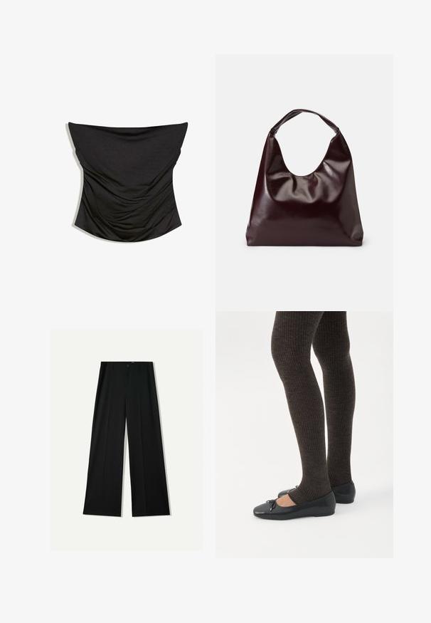 Zwart strapless gerimpeld satijnen corsettop met rechte halslijn en aansluitende pasvorm op witte achtergrond.; Bershka WIDE - Broek - black; Benen met donkere geribbelde leggings gecombineerd met zwarte ballerina's met kleine strikdetails op een witte achtergrond.; Bordeaux, glanzende vegan leren totebag met een zachte, sculpturale vorm en een brede, gebogen handgreep voor makkelijk dragen.