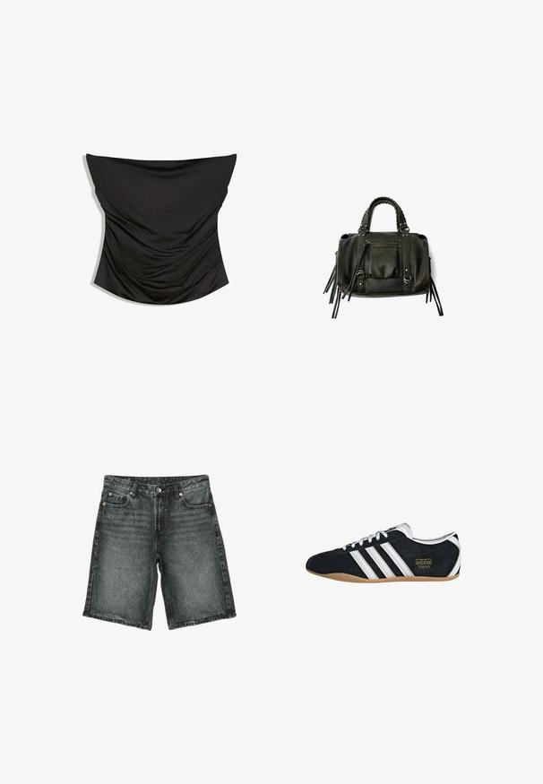 Corset noir en satin froncé sans bretelles avec un décolleté droit et une silhouette ajustée sur fond blanc.; Short en denim noir délavé avec bouton devant, fermeture éclair, passants de ceinture et design à cinq poches, posé à plat sur fond blanc.; Sneakers en suede noir avec trois bandes blanches, logo doré et semelle en caoutchouc marron. Présente un design à lacets à profil bas.; Sac à main en cuir noir avec des poignées tressées, une poche zippée et des glands suspendus. Surface texturée avec des clous en métal et des accents en métal.