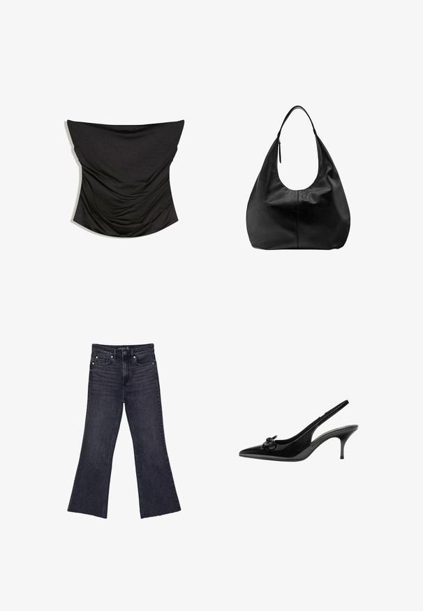 Sort stropløs rynket satin korset top med en lige udskæring og tætsiddende silhuet på hvid baggrund.; Sorte højtaljede jeans med flagrende ben, fem-lomme design og knaplukning, størrelse 38, lagt fladt på en hvid baggrund.; Sorte patenterede læder slingback-sko med spids tå, lav hæl og en dekorativ sløjfedetalje på siden. Glat tekstur hele vejen igennem.; Sort læder slouchy hobo-håndtaske med en enkelt bred rem og en lynlåsdetalje på en ensfarvet hvid baggrund.