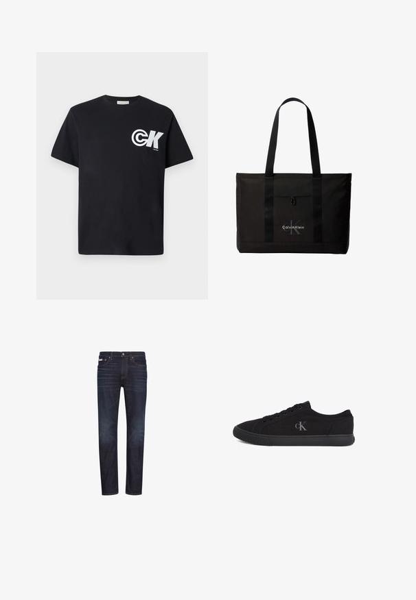 Zwarte katoenen T-shirt met korte mouwen, voorzien van een groot wit logo op de linker borst en een ronde crewneck.; Donkerblauwe denim jeans met rechte pijpen, vijf zakken, een ritssluiting en oranje stikseldetails. Soepele textuur, klassiek ontwerp.; Zwarte lage sneaker met vetersluiting aan de voorkant, rubberen zool en een grijs "cK"-logo aan de zijkant, gezien vanaf de buitenkant.; Zwarte Calvin Klein totebag met twee lange handvatten en een voorvak, met het logo van het merk in wit en grijs.