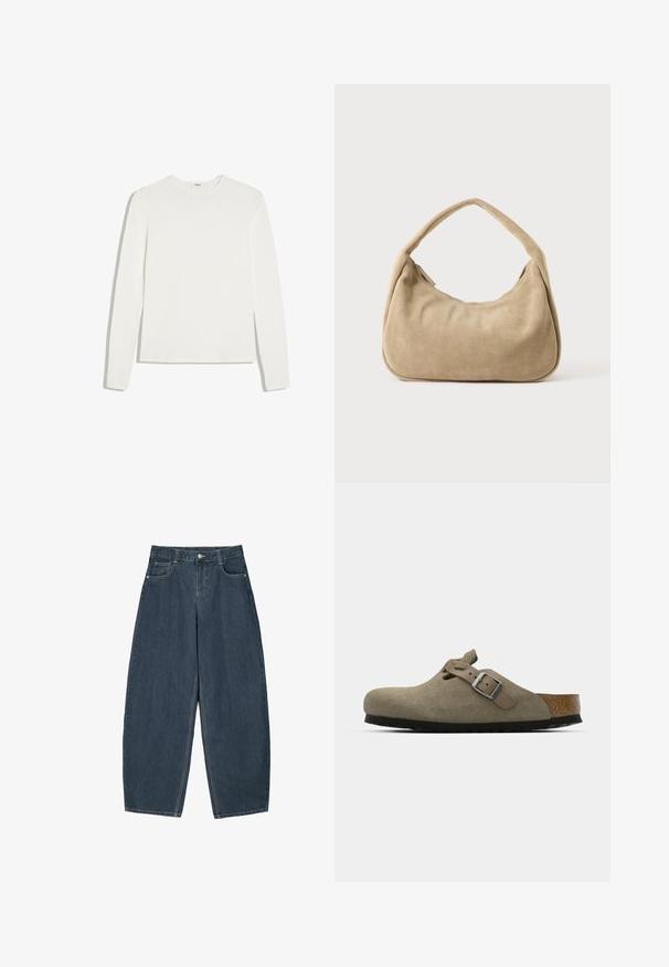 Enkelt hvid langærmet rundhalset skjorte med slank pasform, lagt fladt på en hvid baggrund.; Mørkeblå denim buede bukser med høj talje, som har fem lommer og synlige stingdetaljer. Ren, minimalistik design.; Suede træsko i lys olivengrøn med en formet kork- og gummisål. Har en side rem med en metal spænde og en rund tå.; Lille beige ruskind skuldertaske med blødt, buet design og en enkelt tyk rem mod en ensfarvet baggrund.