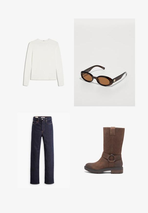 Enkelt hvid langærmet rundhalset skjorte med slank pasform, lagt fladt på en hvid baggrund.; Mørkeblå straight-leg denim jeans med fem lommer og synlig orange syning på hvid baggrund.; Brune ruskind støvle i høj model med en rund tå, flad hæl og et dekorativt bånd med et cirkulært metalring-tilbehør.; Brune skildpadde-solbriller med ovale linser, der har en tynd stel og en lille metalaccent på siden. Struktureret og poleret overflade.