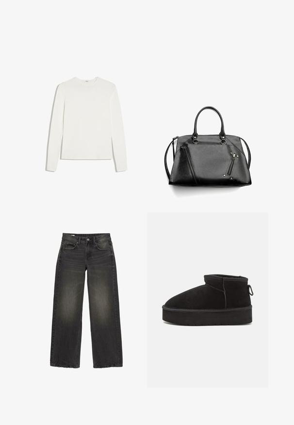 Effen wit shirt met lange mouwen en ronde hals, slim fit, plat gelegd op een witte achtergrond.; Zwarte jeans met wijde pijpen, vervaagde details, knoop aan de voorkant, rits en vijf zakken, plat gelegd op een witte achtergrond.; Zwarte suède enkellaars met een ronde neus, voorzien van een verhoogde zool en een zijlus voor gemakkelijk aantrekken. Het ontwerp is eenvoudig met minimale accenten.; Zwarte faux leren handtas met dubbele handvaten, een afneembare schouderband, schuine ritsen en zilverkleurige hardware. Geweven afwerking met stikseldetails.