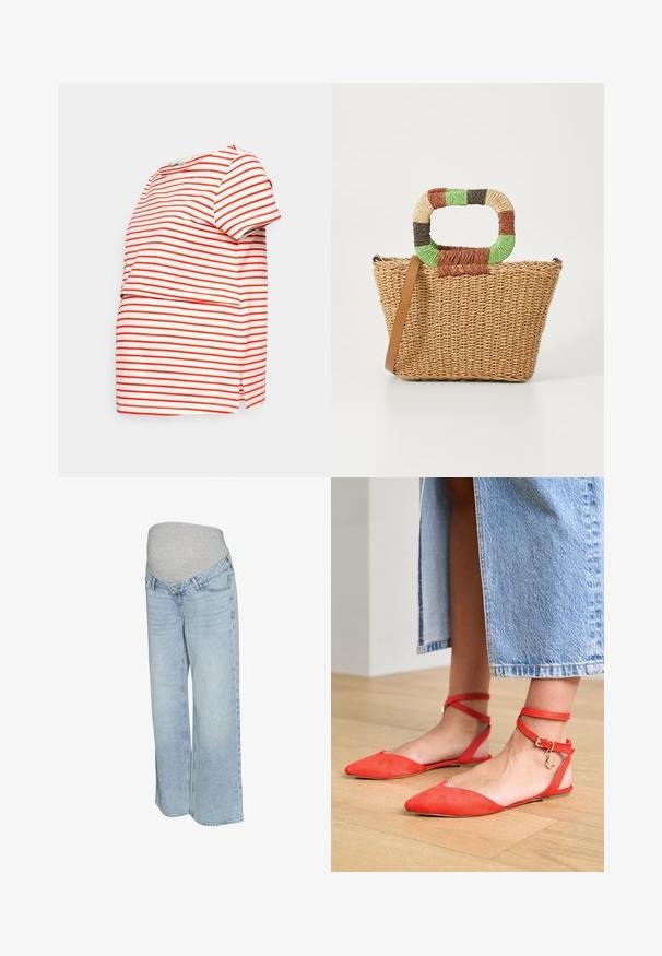 Anna Field MAMA MATERNITY LONG TEE - Základné tričko - red/off-white; Svetlo modré denimmové nohavice s šedým elastickým pásom, širokým strihom a tradičným päť vreckovým dizajnom. Hladká textúra s vyblednutým umývaním.; Červené semišové baleríny s špicatými špičkami a remienkami okolo členkov, s pozlátenou sponou a přívěskom v tvare mesačného srpu, položené na drevenej podlahe.; Tkaná slamenná taška trojuholníkového tvaru s farebným okrúhlym uchom a hnedým ramenným popruhom.