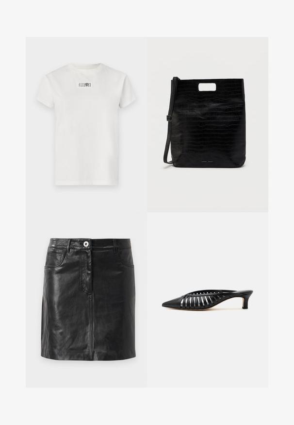 Hvid bomulds t-shirt med rund hals og korte ærmer. Har et rektangulært sort grafisk tryk nær halsudskæringen med tal.; Weekend Max Mara HULL - Pencil skirt - nero; Sort læder mule med spids snude, stropdetalje og lav kittenhælk på hvid baggrund.; Sort faux læder tote taske med krokodilletekstur, rektangulær form, håndtagsskæring i toppen og en aftagelig skulderstrop. Brandlogoet er vist.