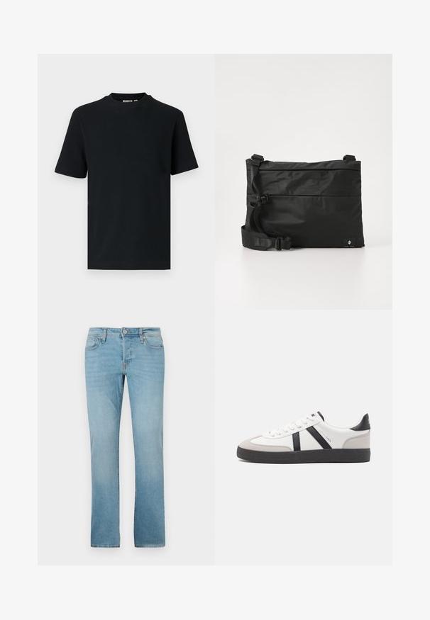 Schwarzes, kurzärmeliges, geripptes Strick-T-Shirt mit Rundhalsausschnitt und einem kleinen, sichtbaren Etikett im Krageninnenteil.; Helle Blaue Jeans aus Denim mit geradem Bein, fünf Taschen, Knopfverschluss und subtiler Verblassung für Textur.; Weiße Sneaker mit schwarz- und grau-aczenten, ausgestattet mit einer strukturierten grauen Zehenkappe, schwarzer Gummi-Sohle und flachen weißen Schnürsenkeln. Sauberes Design, minimalistische Stil.; Schwarze Nylon-Umhängetasche mit verstellbarem Riemen, flachem Design und seitlichem Etikett mit Logo. Glatte Textur und minimalistischer Stil.