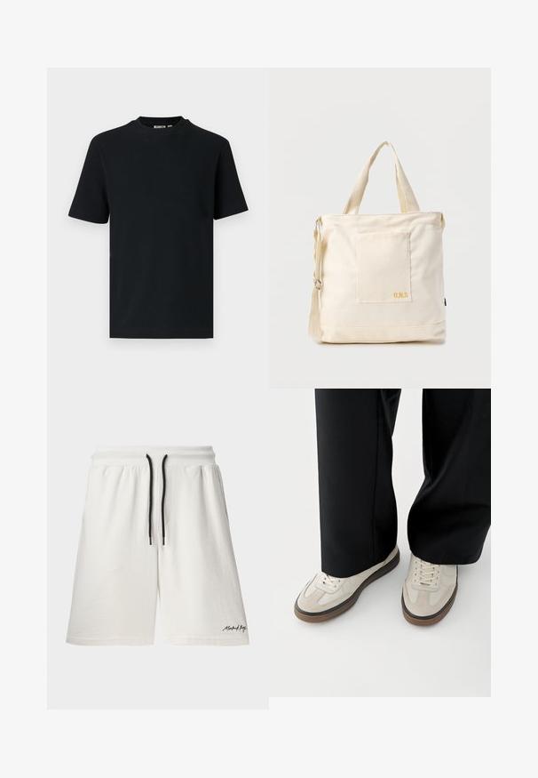 Zwart, geribd, gebreid T-shirt met korte mouwen en ronde hals, met een klein zichtbaar label aan de binnenkant van de kraag.; Witte katoenen shorts met een trekkoord in de taille en zwarte accenten. Voorzien van zijzakken en een klein logo op de zoom. Zachte textuur.; Voeten met beige sneakers met bruine zolen en zwarte wijde broekspijpen op een witte achtergrond.; Crèmekleurige canvas boodschappentas met voorvak, twee handvatten, verstelbare schouderriem en kleine gele "O.N.S" tekst rechtsonder op het vak.
