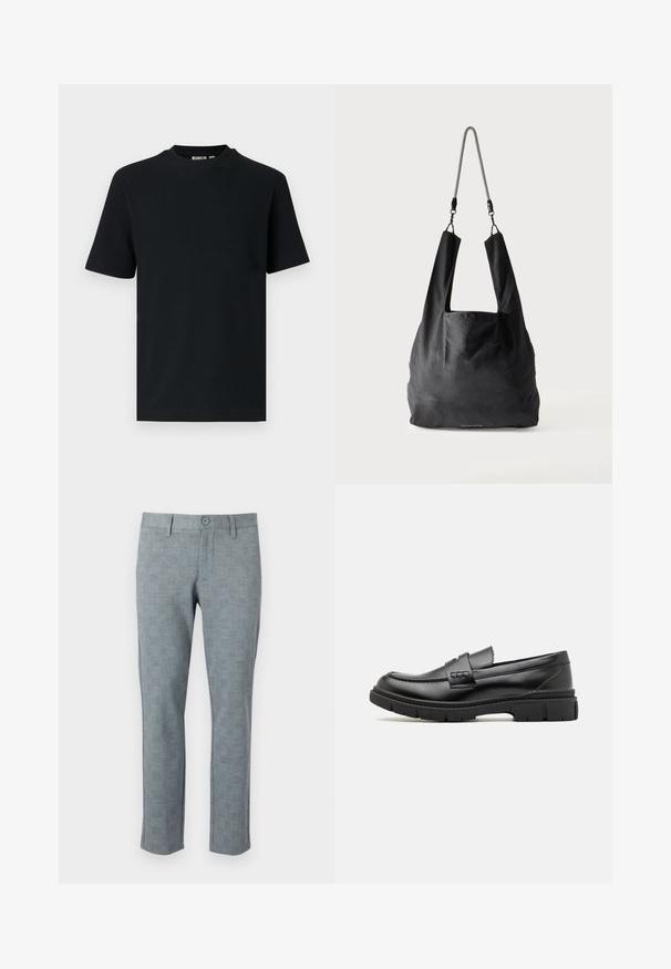 T-shirt noir à manches courtes en maille côtelée avec col rond et une petite étiquette visible à l'intérieur du col.; Pantalon gris texturé avec un motif à carreaux subtil. Doté d'une fermeture à bouton et d'une coupe droite, fabriqué en tissu léger.; Mocassin en cuir noir avec une large sangle sur le devant, semelle en caoutchouc à épaisse rainure, et texture lisse. Design classique et élégant.; Sac fourre-tout en tissu noir doux avec de larges anses et une fine bandoulière tressée noire et blanche.