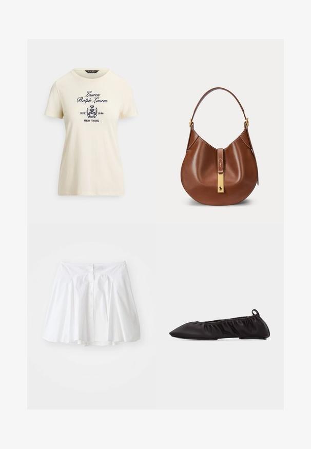 Cremefarbenes Baumwoll-T-Shirt mit kurzen Ärmeln und rundem Ausschnitt. Mit gesticktem marineblauem Logo und Text: "Lauren Ralph Lauren EST. 1996 NEW YORK."; Weißer Baumwollrock mit ausgestelltem Design, der eine Knopfleiste an der Vorderseite und subtile Raffungen an der Taille für eine schöne Form aufweist.; Schwarzer Ballettschuh aus weichem Leder mit flacher Sohle, spitz zulaufender Spitze, zusammengerafften elastischen Seiten und Fersenzuglasche vor weißem Hintergrund.; Braune Lederhandtasche mit geschwungener Form, einem Riemen und einem goldenen rechteckigen Verschluss mit kleinem Pferdelogo auf der Vorderseite.