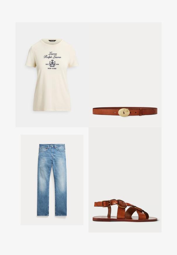 Flødefarvet bomulds-T-shirt med korte ærmer og rund halsudskæring. Fremhæver broderet marineblåt logo og tekst: "Lauren Ralph Lauren EST. 1996 NEW YORK."; Lyseblå straight-leg jeans med let falmning, fem-lomme-design og synligt Polo-mærke på linningen.; Brune lædersandal med horisontale og cirkulære remdesign, flad sål og en metalspændeaccent, der viser en glat tekstur.; Brunt læderbælte med en skinnende gylden oval spænde med en silhuet af en polospiller, der holder en mallet.