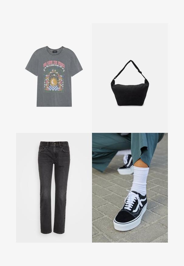 Grå bomulds t-shirt med et farverigt grafisk design med sol, blomster og ternede mønstre. Korte ærmer og afslappet pasform.; Sorte denim jeans med lige ben, der har et klassisk fem-lomme design, lynlås foran og kontrastsygning langs sømmene.; Sorte ruskinds sneakers med hvide accenter og snørebånd, der har en tyk hvid sål og kontrasterende syninger, parret med en hvid sok.; Sort stof skuldertaske med en blød tekstureret overflade, rund form og en enkelt rem. Minimalistisk design uden synligt hardware eller accenter.