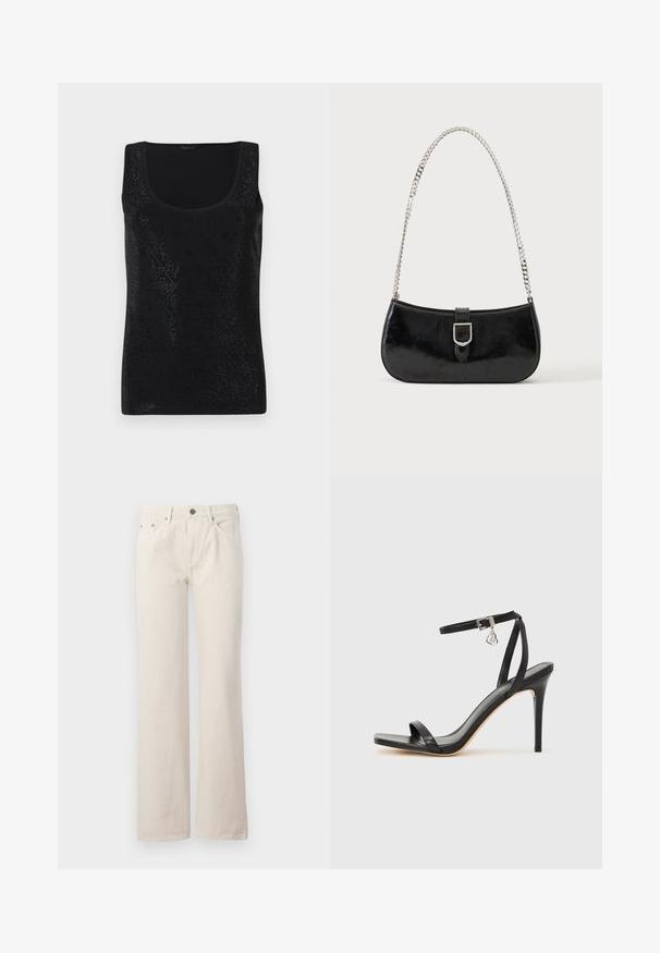 Débardeur noir sans manches présentant un motif en losanges avec de petites découpes, un col rond et une texture de tissu lisse.; Jean large beige en coton, doté de poches avant, d'un zip, et d'une finition texturée discrète. Design classique avec une coupe décontractée.; Sandale à talon haut noire avec une bride étroite à la cheville, bout carré, cuir lisse et accent de boucle métallique.; Sac à épaule en cuir verni noir avec détail de boucle argentée et bandoulière en chaîne argentée, présenté sur un fond uni clair.