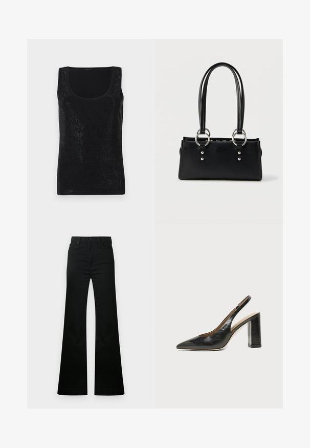 Débardeur noir sans manches présentant un motif en losanges avec de petites découpes, un col rond et une texture de tissu lisse.; Jean évasé noir en coton, doté d'une fermeture classique à bouton et zip, de poches avant, et d'une texture lisse et unie.; Chaussure slingback en cuir noir à bout pointu avec un talon bloc haut et une doublure intérieure beige sur un fond clair uni.; Sac à main rectangulaire noir avec double poignée, ferrures anneaux argentés et logo embossé discret sur le devant, sur fond blanc.