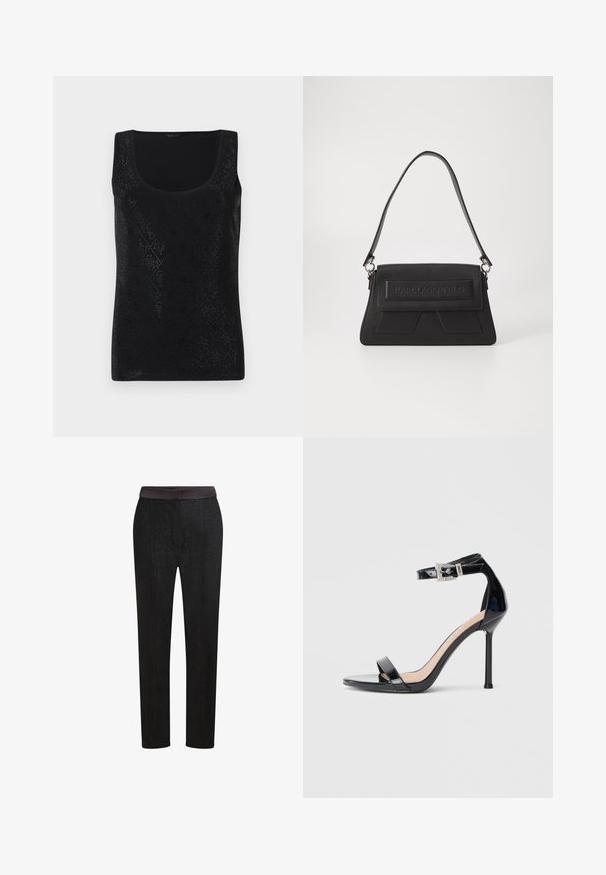 Schwarzes ärmelloses Tanktop mit einem Diamantmuster mit kleinen Ausschnitten, rundem Ausschnitt und glatter Stoffstruktur.; Schwarze, maßgeschneiderte Hosen mit einem glatten Bund, geradem Schnitt und subtilen Strukturmuster. Geeignet für formelle oder legere Anlässe.; Schwarzer Riemchensandale aus Lackleder mit hohem Absatz und Knöchelriemen. Verfügt über ein minimalistisches Design, offene Zehenpartie und eine Schnalle mit Strassakzenten.; Schwarze Handtasche mit strukturiertem Oberflächenmaterial, einer umklappbaren Klappe mit geprägt Logo und einem schmalen Schulterriemen. Rechteckige Form mit kantigen Akzenten.