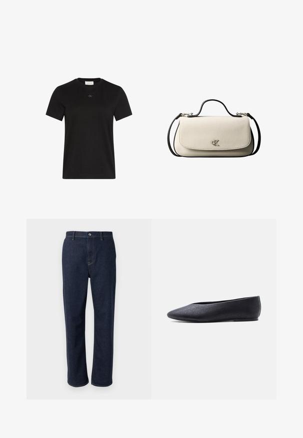 Schwarzes T-Shirt mit kurzen Ärmeln und Rundhalsausschnitt mit kleinem Calvin Klein Logo, das zentral unterhalb des Halsausschnitts angebracht ist.; Dunkelblaue Denim-Jeans mit geradem Bein, versehen mit einem Reißverschluss, Fronttaschen und sichtbaren Nähten in einer kontrastierenden Farbe.; Schwarzer flacher Ballettschuh mit spitzer Zehenpartie und dezentem Perforationsmuster, von der Seite auf weißem Hintergrund dargestellt.; Cremefarbene, rechteckige Handtasche mit schwarzem Riemen und Griff, vordere Klappe als Verschluss und kleinem silbernem "cK"-Logo in der Mitte vorne.