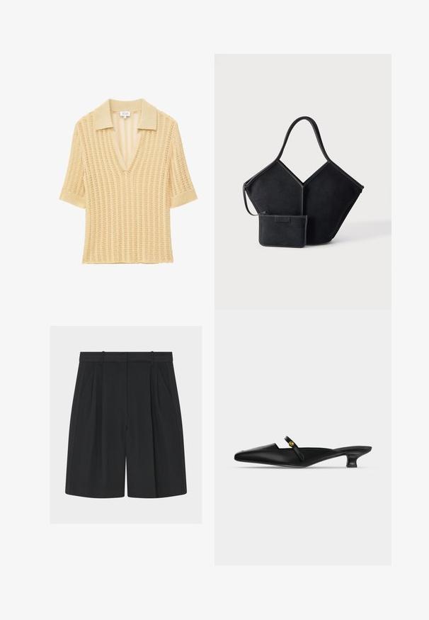Polo beige à manches courtes en maille, avec col ouvert et motif vertical dentelle dans un tissu léger.; Shorts noirs ajustés avec plis, confectionnés dans un tissu lisse. Dotés d'une taille ceinturée et de poches latérales, offrant un look structuré et sur mesure.; Mule noire à bout pointu avec petit talon kitten et fine bride sur le cou-de-pied ornée d’un petit bouton doré.; Sac cabas géométrique noir avec une large anse unique et une petite pochette zippée assortie attachée, sur un fond clair uni.