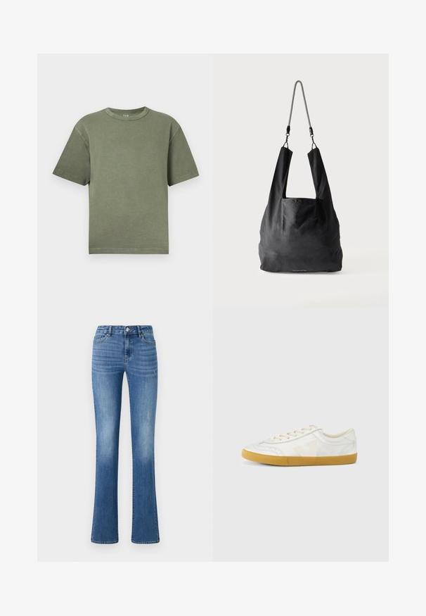 Olijfgroen katoenen T-shirt met korte mouwen en een ronde hals, met een losse, boxy pasvorm, afgebeeld op een witte achtergrond.; ONLY ONLWAUW MID WAIST - Slim fit jeans - medium blue denim; Witte leren sneaker met een gladde textuur, voorzien van een beige 'V' logo, ronde neus, vetersluiting en een zool van gumrubber.; Zwart zachte stoffen draagtas met brede handvatten en een dunne zwart-witte gevlochten schouderriem.